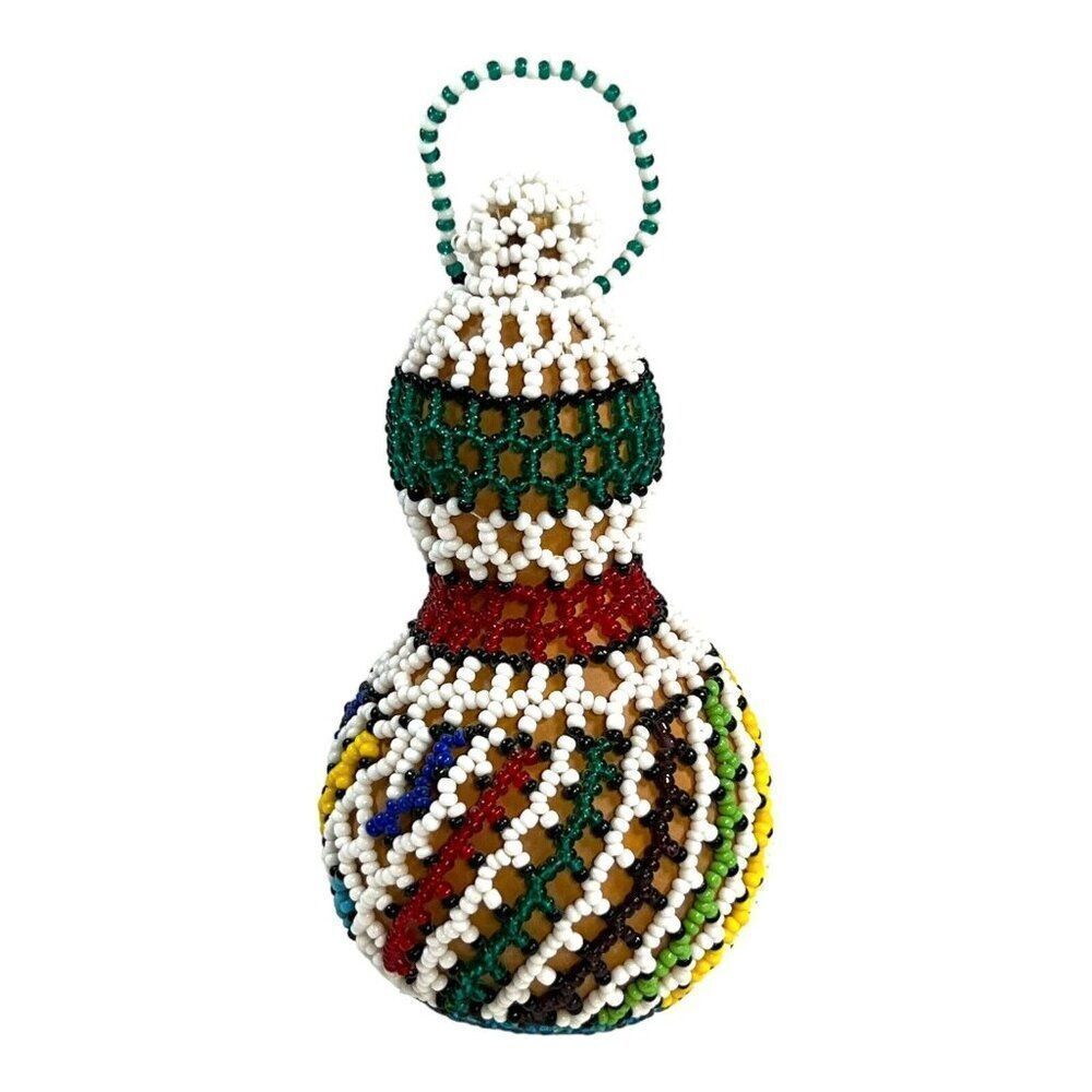Vintage Bottle Native American Colorful Hand Seed Beaded Gourd with Cork 6”